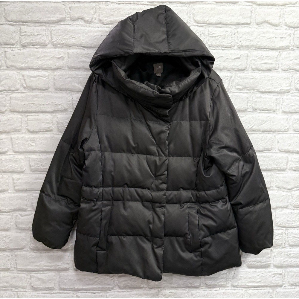 J. Jill Down Coat Womens L Hooded Parka Dark Gray Long Puffer Jacket Snap Coat